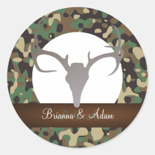 Personalised Hunting Theme Antlers Camo Wedding Classic Round Sticker