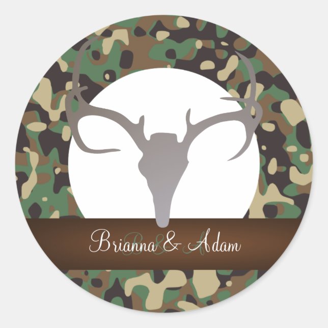 Personalised Hunting Theme Antlers Camo Wedding Classic Round Sticker (Front)