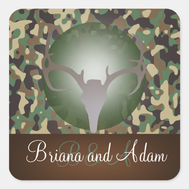 Personalised Hunting Theme Antlers Camo Wedding Square Sticker (Front)