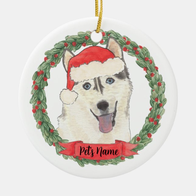 Personalised Husky Christmas Ceramic Tree Decoration (Front)