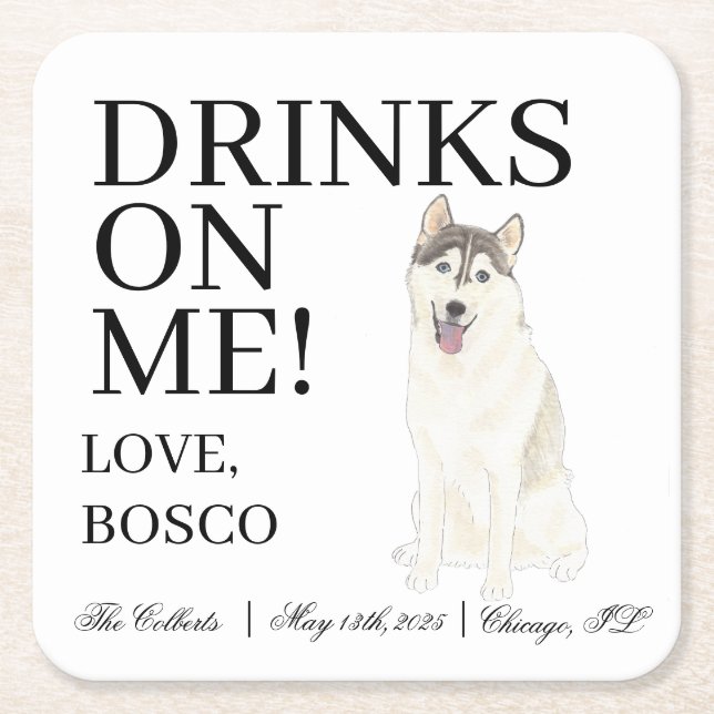 Personalised Husky Wedding Square Paper Coaster (Front)