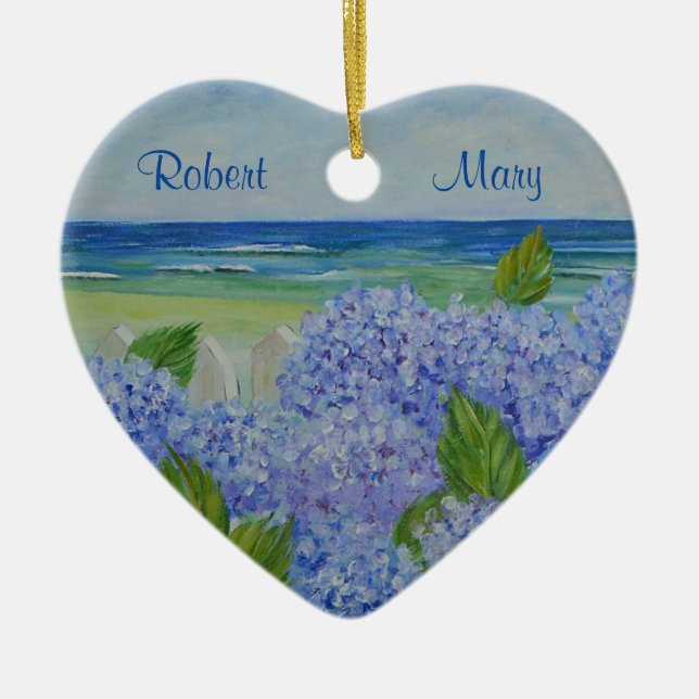 Personalised Hydrangeas By The Sea Ceramic Tree Decoration (Front)