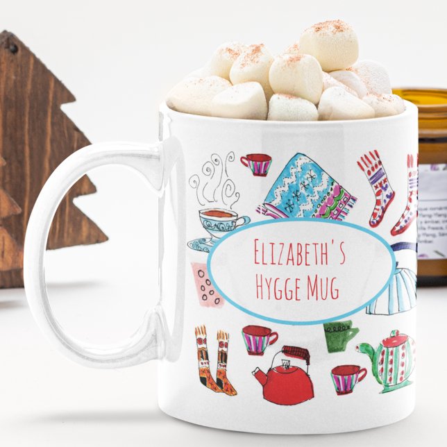 Personalised Hygge Hand Drawn Retro Winter Coffee  Coffee Mug (This retro cozy Christmas mug features my own hand-drawn colorful hygge ski lodge images.)