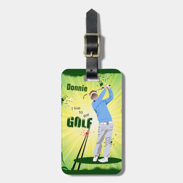Personalised I Live to Golf Golfer Luggage Tag (Front Vertical)