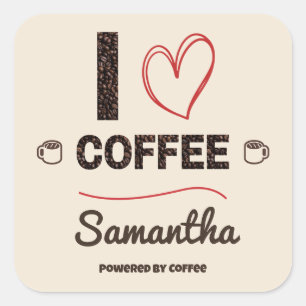 Personalised I Love Coffee Bean Name Square Sticker