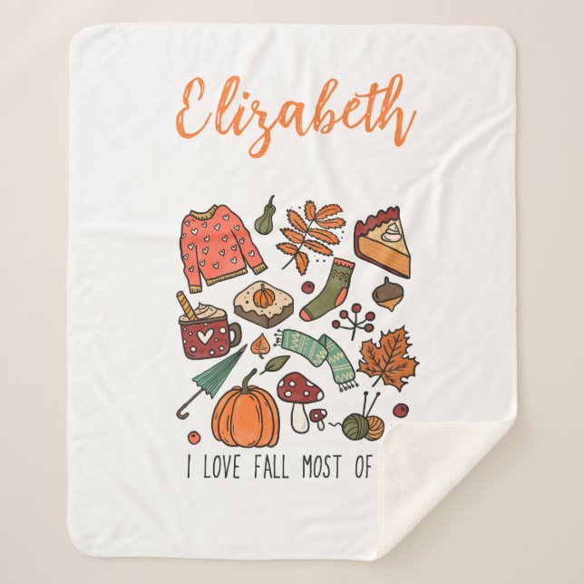 Personalised I Love Fall Autumn Leaves Pumpkins  Sherpa Blanket (Front)