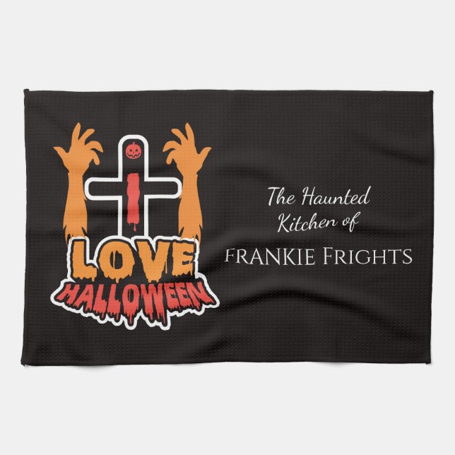 Personalised I Love Halloween Haunted Tea Towel (Horizontal)