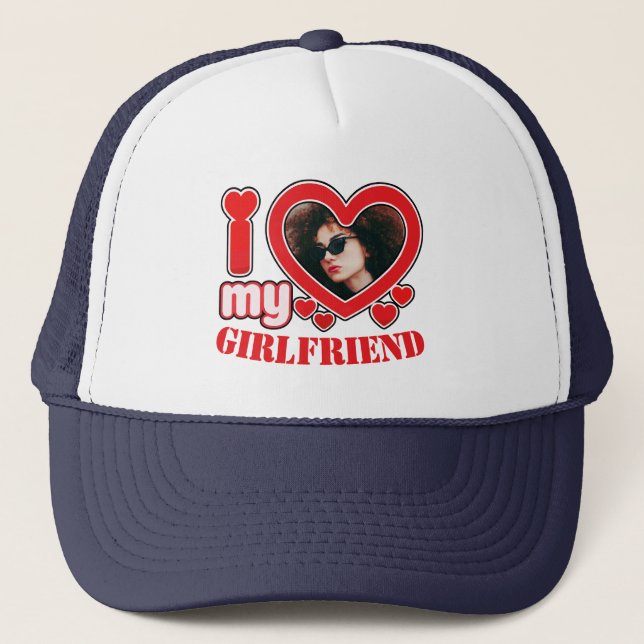 Personalised I Love My Girlfriend Photo Text Trucker Hat (Front)