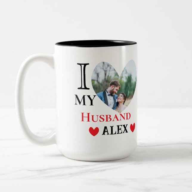 Personalised I Love My Husband Heart Photo Two-Tone Coffee Mug (Left)