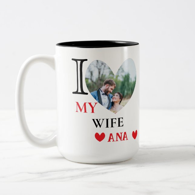 Personalised I Love My Wife Heart Photo Two-Tone Coffee Mug (Left)