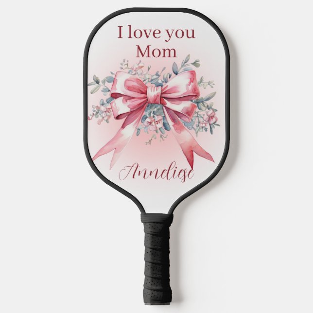 Personalised I Love You Mum with Elegant Pink Bow Pickleball Paddle (Front)