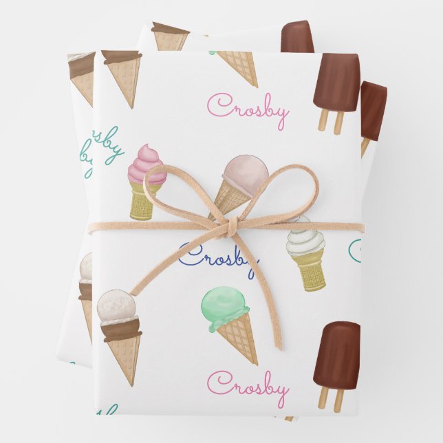 Personalised Ice Cream Social Birthday Party Wrapping Paper Sheet (In situ)