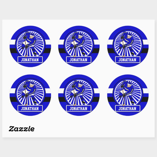 Personalised Ice Hockey Player Blue Classic Round Sticker (Sheet)