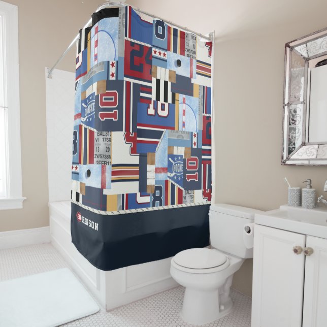 Personalised Ice Hockey Players Patchwork Shirt Shower Curtain (In Situ)