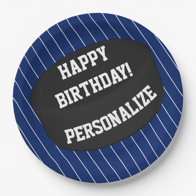 Personalised Ice Hockey Puck Ball Happy Birthday Paper Plate (Front)