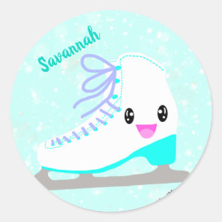 Personalised Ice Skating Blue Kawaii Figure Skater Classic Round Sticker