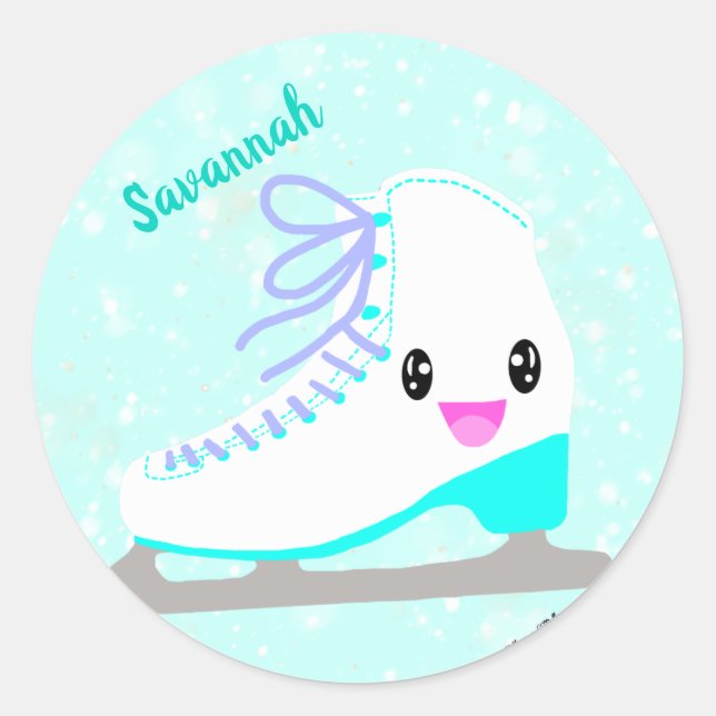 Personalised Ice Skating Blue Kawaii Figure Skater Classic Round Sticker (Front)