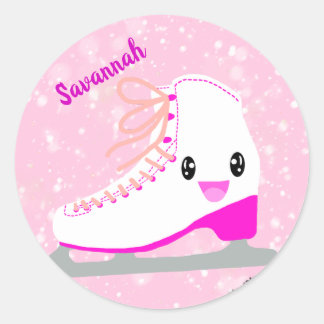 Personalised Ice Skating Pink Kawaii Figure Skater Classic Round Sticker