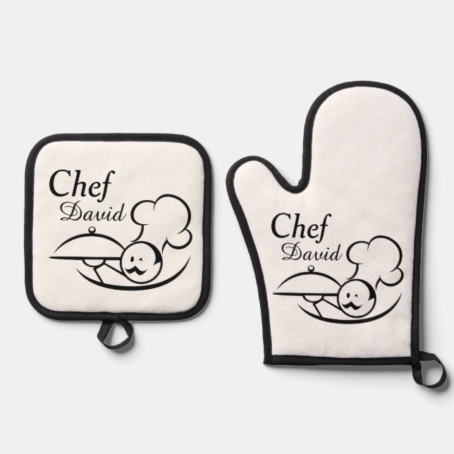 Personalised Illustrated Chef Oven Mitt & Pot Holder Set (Front)