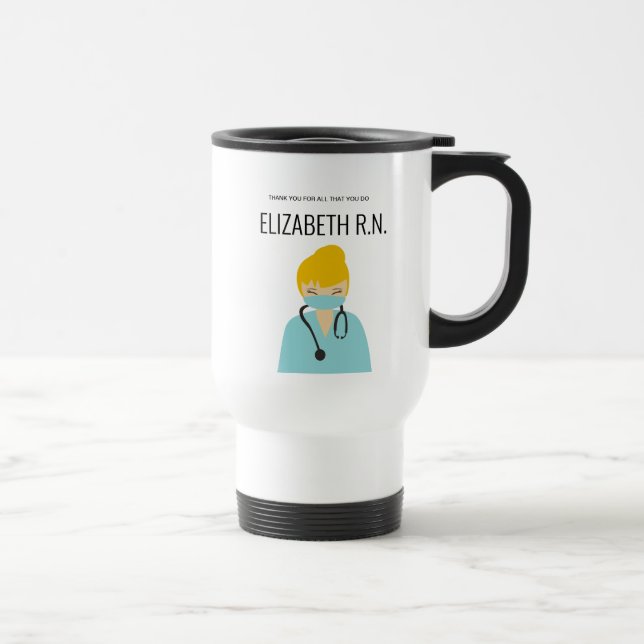 Personalised illustration blonde Nurse Thank you Travel Mug (Right)