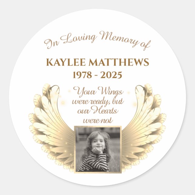 Personalised In Memory Memorial Angel Wings Photo Classic Round Sticker (Front)