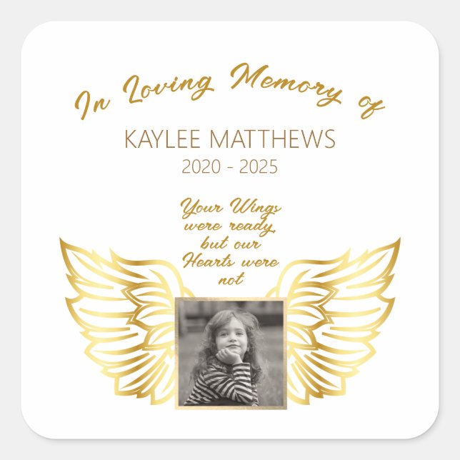 Personalised In Memory Memorial Angel Wings Photo Square Sticker (Front)