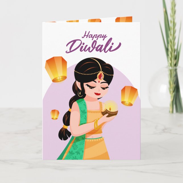 Personalised Indian Girl Diwali Floating Lantern Card (Front)