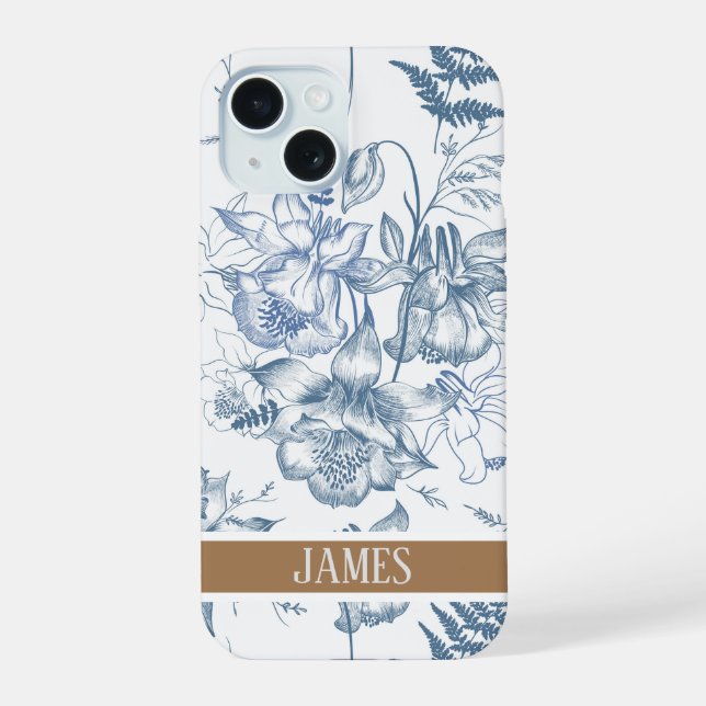 Personalised Indigo Botanical Sketch iPhone 15 Case (Back)