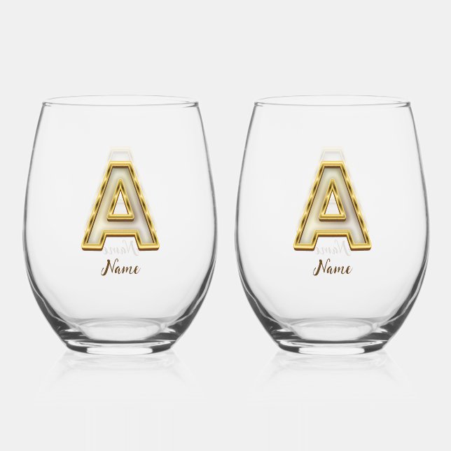 Personalised Initial A Monogram Gold Typography  Stemless Wine Glass (Front)