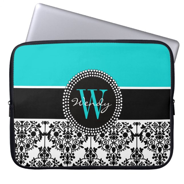Personalised Initial Aqua Black Damask Laptop Sleeve (Front)