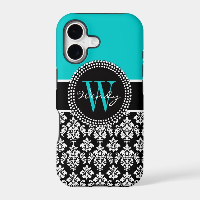 Personalised Initial Aqua Black Damask Pattern (Back)