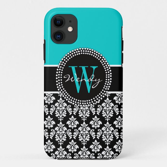 Personalised Initial Aqua Black Damask Pattern Case-Mate iPhone Case (Back)