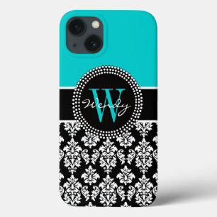Personalised Initial Aqua Black Damask Pattern iPhone 13 Case
