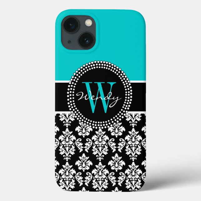 Personalised Initial Aqua Black Damask Pattern Case-Mate iPhone Case (Back)