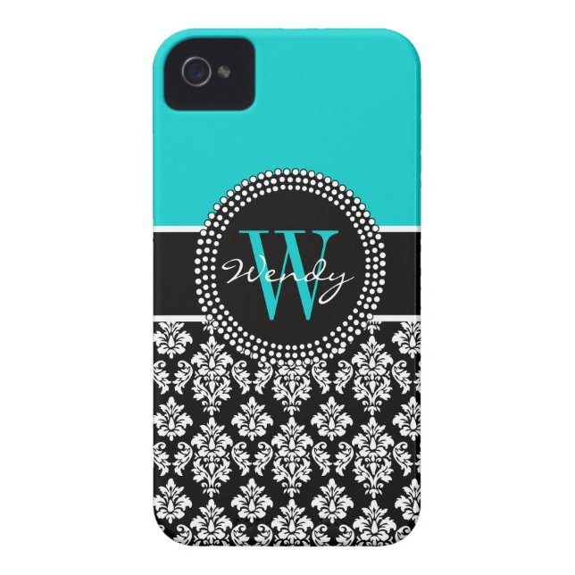 Personalised Initial Aqua Black Damask Pattern Case-Mate iPhone Case (Back)