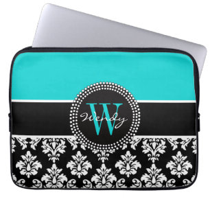 Personalised Initial Aqua Black Damask Pattern Laptop Sleeve