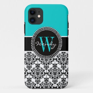 Personalised Initial Aqua Teal Black Damask iPhone 11 Case