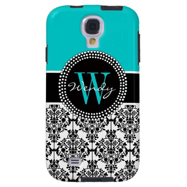 Personalised Initial Aqua Teal Black Damask Case-Mate Samsung Galaxy Case (Back)