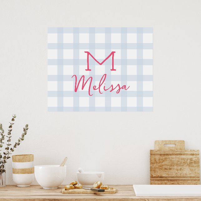 Personalised initial custom name baby blue tartan poster (Kitchen)