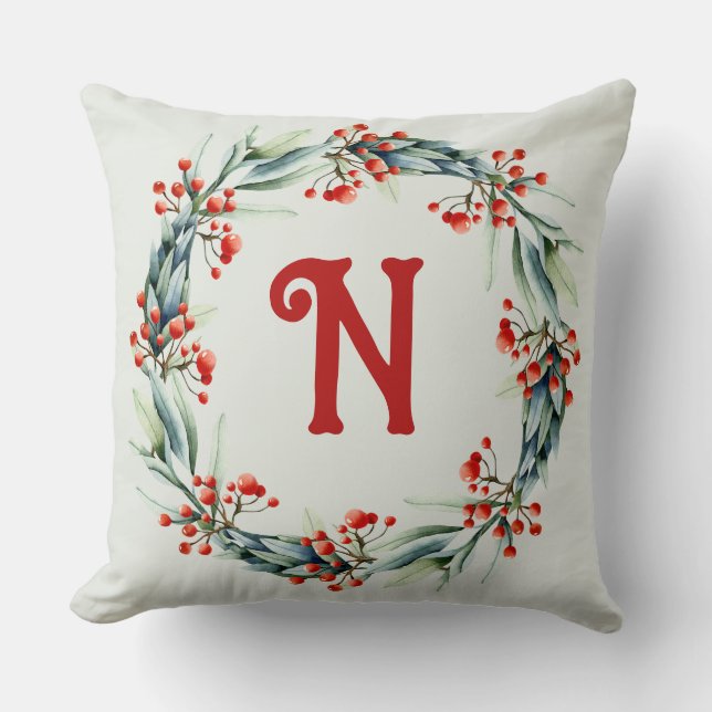 Personalised Initial Festive Wreath Throw Pillow (Front)