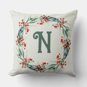 Personalised Initial Festive Wreath Throw Pillow