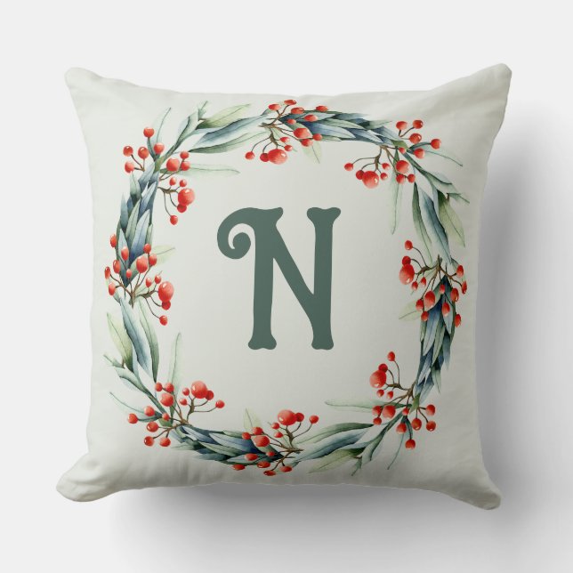 Personalised Initial Festive Wreath Throw Pillow (Front)