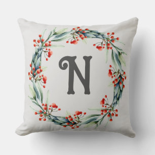 Personalised Initial Festive Wreath Throw Pillow
