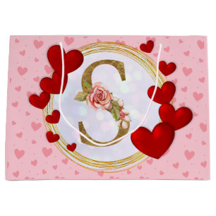 Personalised Initial Floral Monogram and Red Heart Large Gift Bag