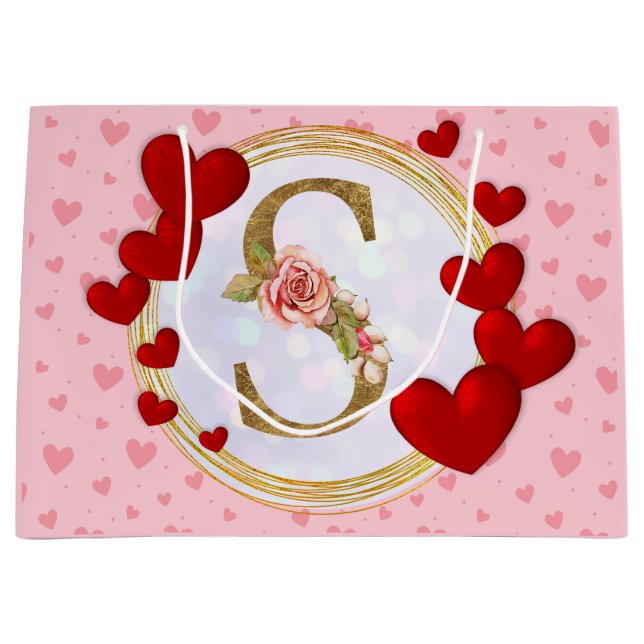Personalised Initial Floral Monogram and Red Heart Large Gift Bag (Front)