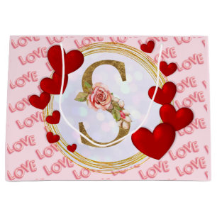 Personalised Initial Floral Monogram and Red Heart Large Gift Bag