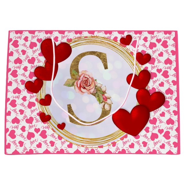 Personalised Initial Floral Monogram and Red Heart Large Gift Bag (Front)