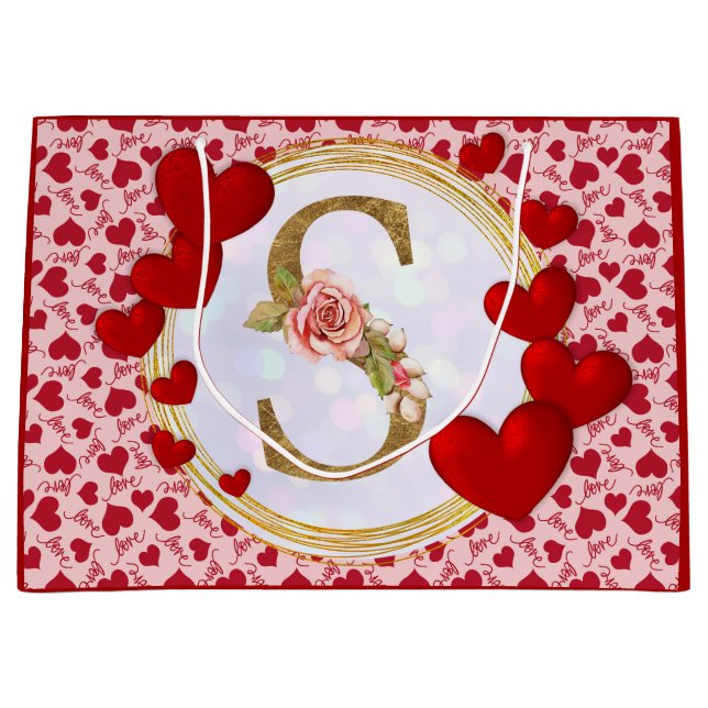 Personalised Initial Floral Monogram and Red Heart Large Gift Bag (Front)