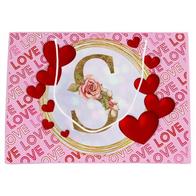 Personalised Initial Floral Monogram and Red Heart Large Gift Bag (Front)