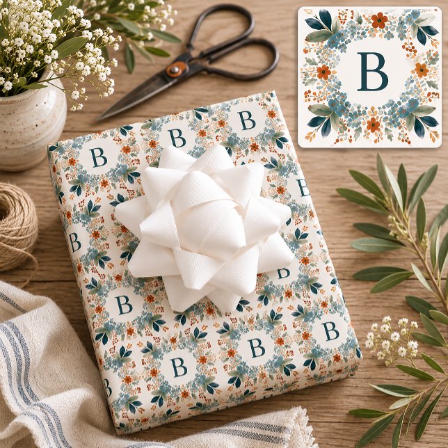 Personalised Initial Floral Monogram Wrapping Paper Sheet (Floral Watercolor Monogram Wrapping Paper)